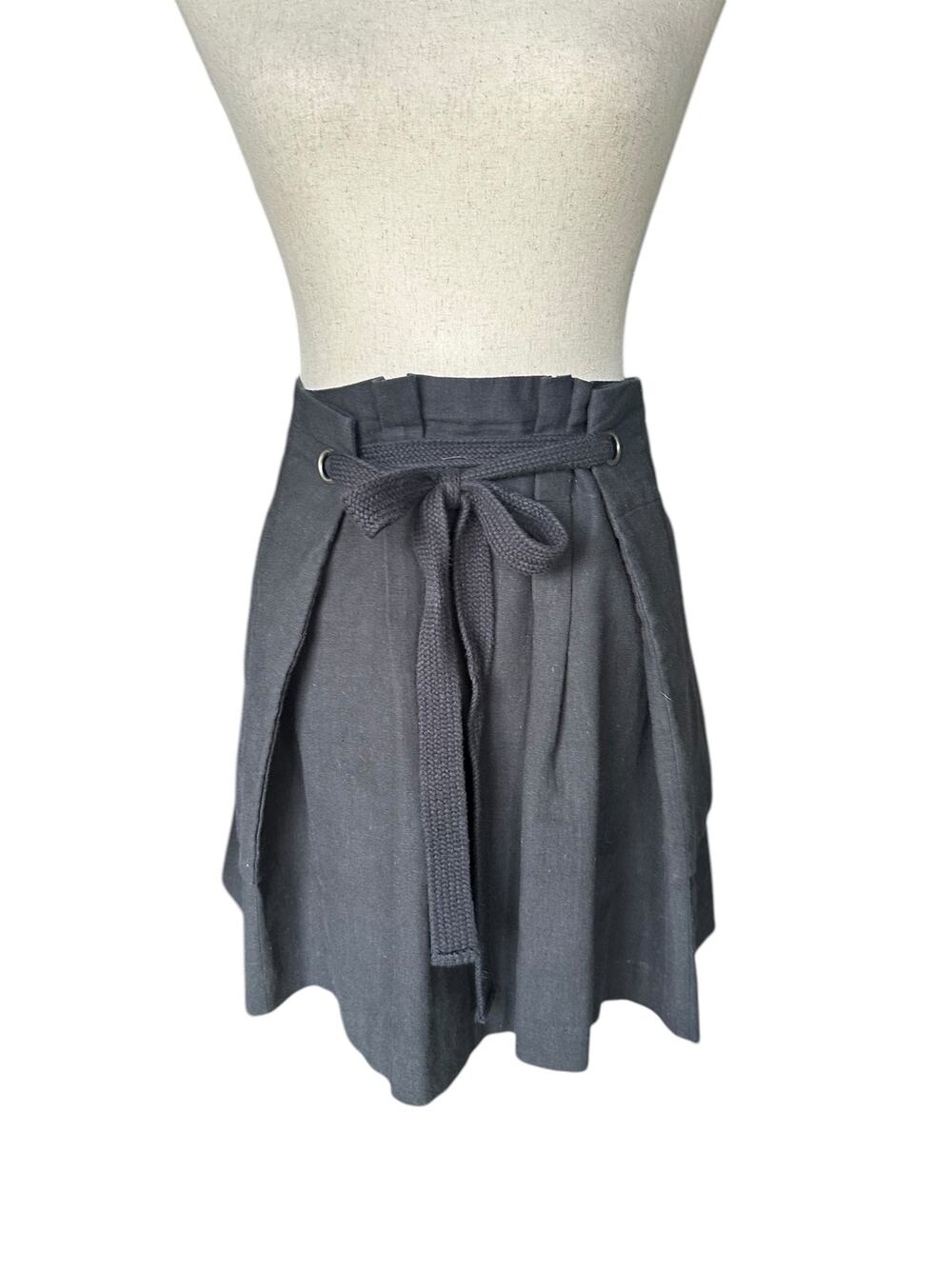 BCBGMAXAZRIA Paperbag Waist Mini Skirt Black Linen Blend Tie Belt M